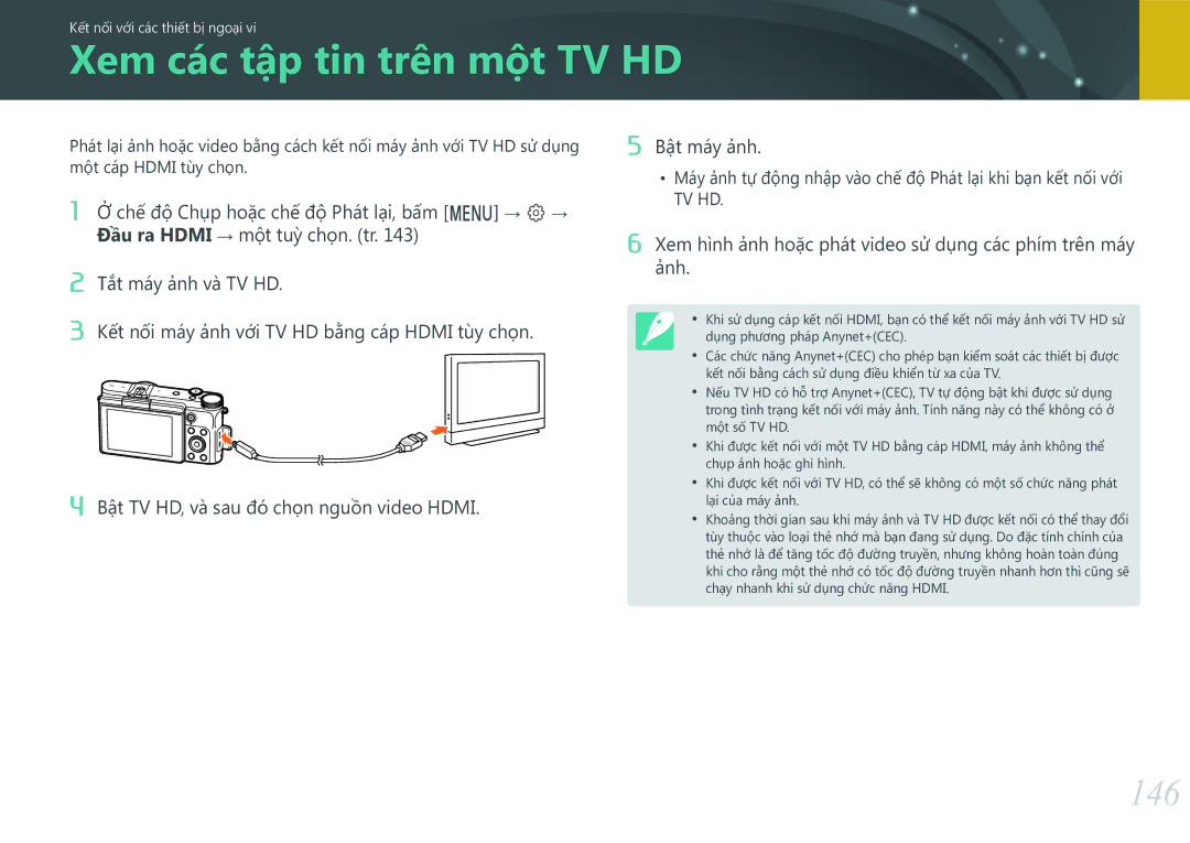 Samsung EV-NX3000BOHVN Xem các tập tin trên một TV HD, 146, Xem hình ảnh hoặc phát video sử dụng các phím trên máy ảnh 