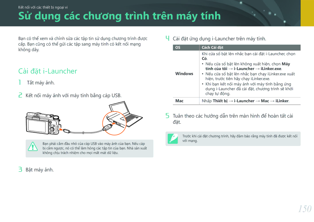 Samsung EV-NX3000BOHVN manual Sử dụng các chương trình trên máy tính, 150, Cài đặt i-Launcher 