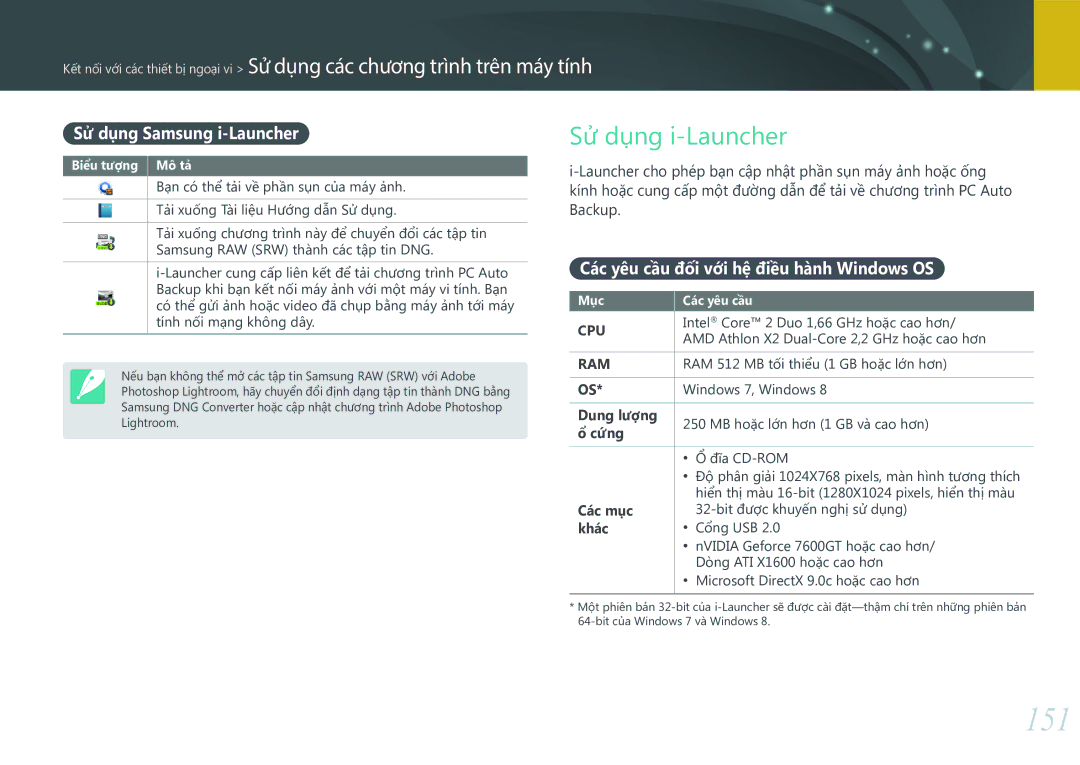Samsung EV-NX3000BOHVN 151, Sử dụng i-Launcher, Sử dụng Samsung i-Launcher, Các yêu cầu đối với hệ điều hành Windows OS 