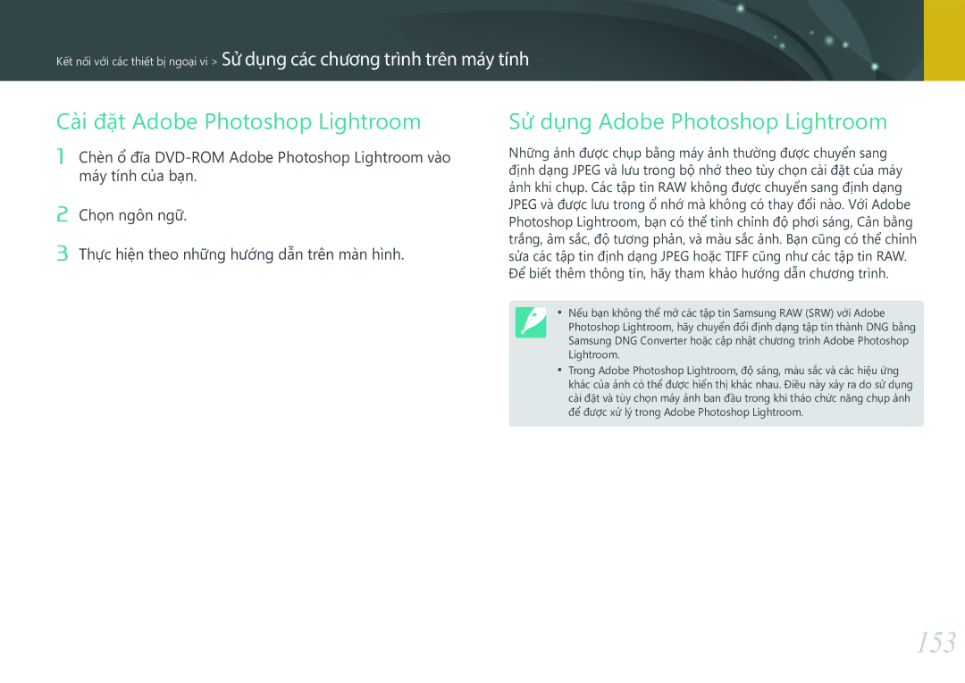 Samsung EV-NX3000BOHVN manual 153, Cài đặt Adobe Photoshop Lightroom, Sử dụng Adobe Photoshop Lightroom 