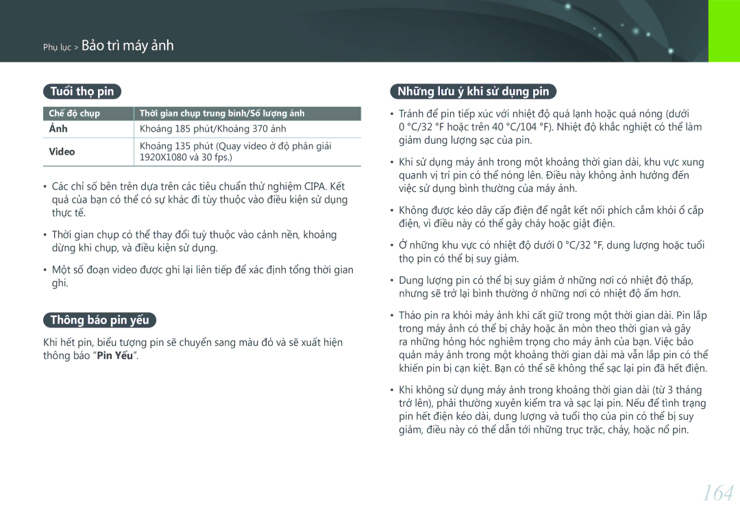 Samsung EV-NX3000BOHVN manual 164, Tuôi tho pin, Thông bao pin yêu, Nhưng lưu y khi sư dung pin 