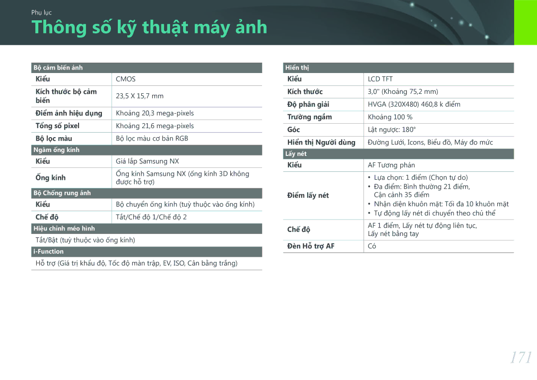 Samsung EV-NX3000BOHVN manual Thông sô kỹ thuât may anh, 171 