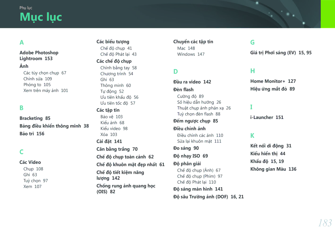 Samsung EV-NX3000BOHVN manual Muc luc, 183, Adobe Photoshop Lightroom, Giá trị Phơi sáng EV 15 