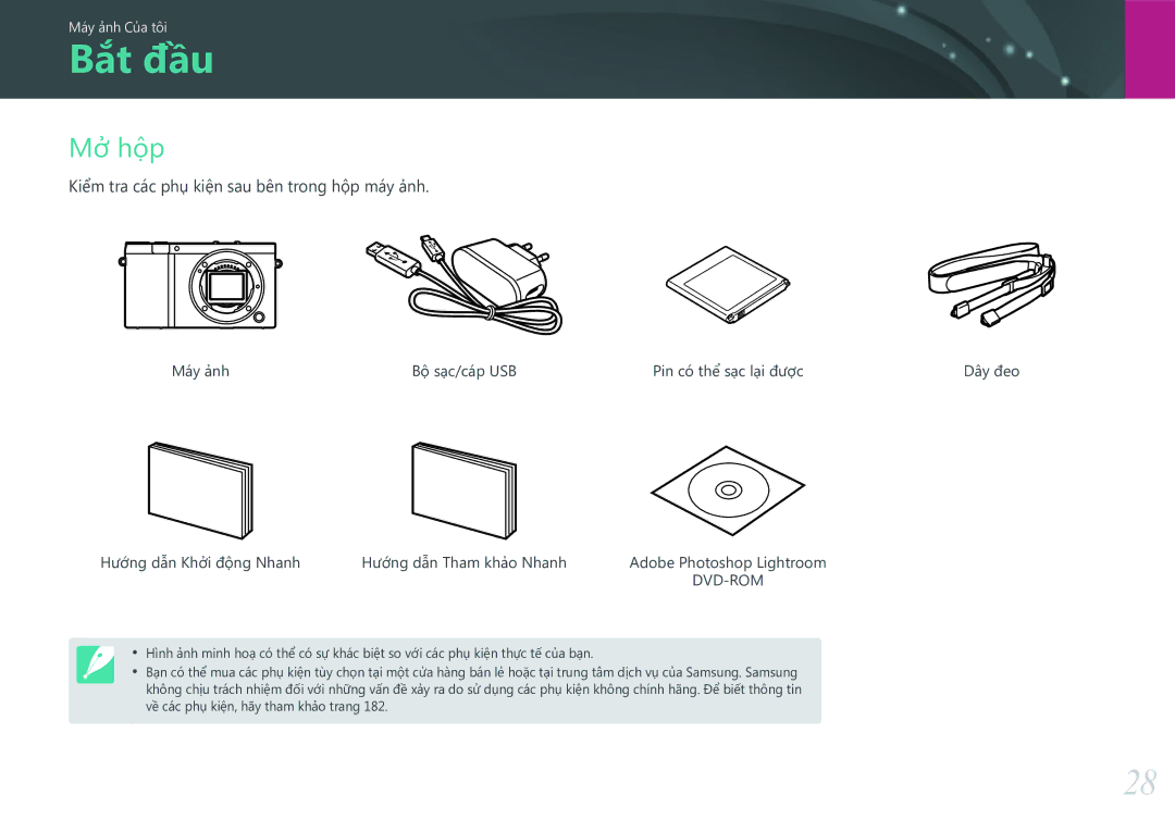 Samsung EV-NX3000BOHVN manual Bắt đầu, Mở hộp, Kiểm tra các phụ kiện sau bên trong hộp máy ảnh 