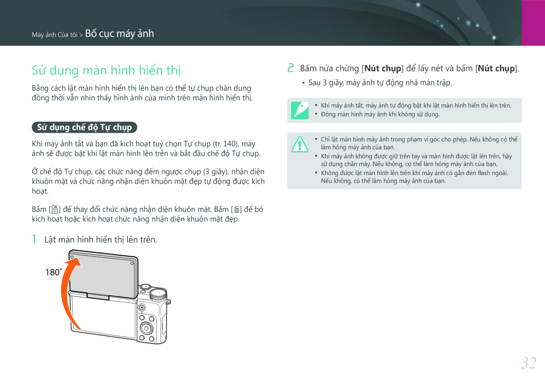Samsung EV-NX3000BOHVN manual Sử dụng màn hình hiển thị, Sử dụng chế độ Tự chụp, Lật màn hình hiển thị lên trên 