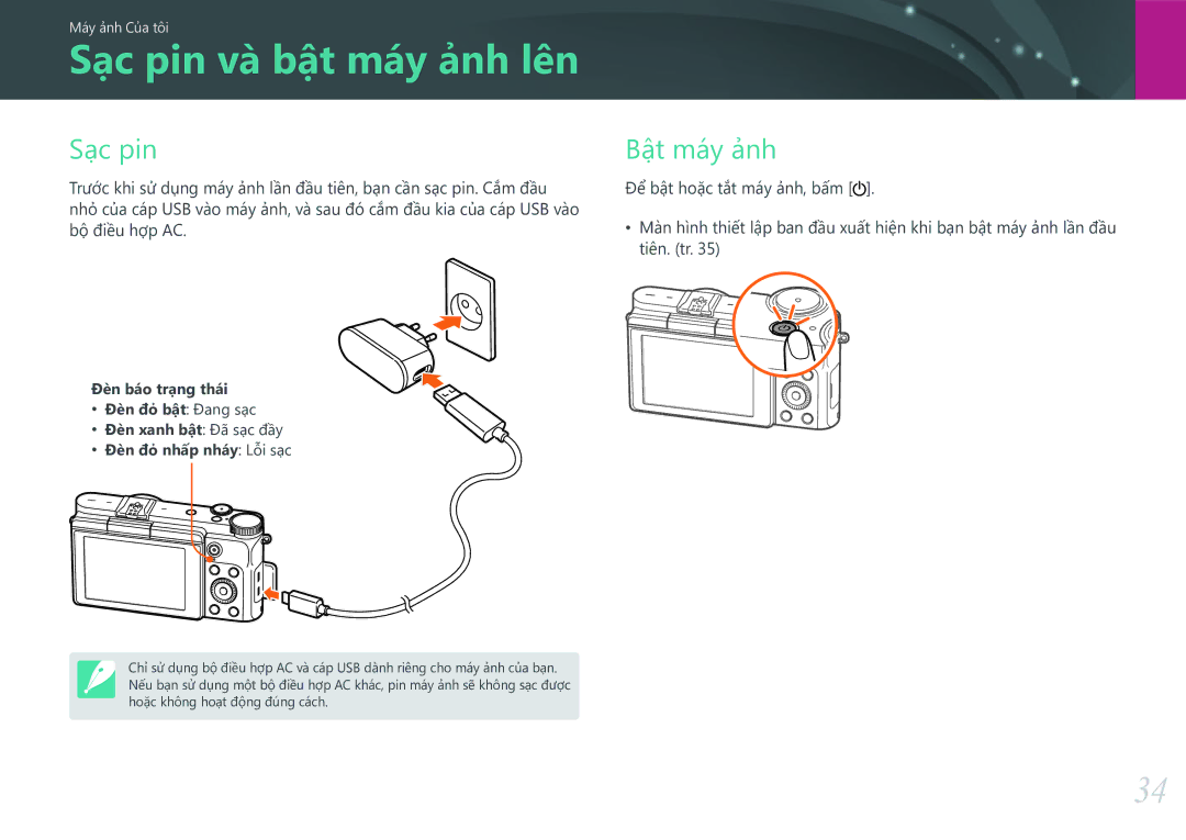 Samsung EV-NX3000BOHVN manual Sac pin va bât may anh lên, Sạc pin, Bât may anh 