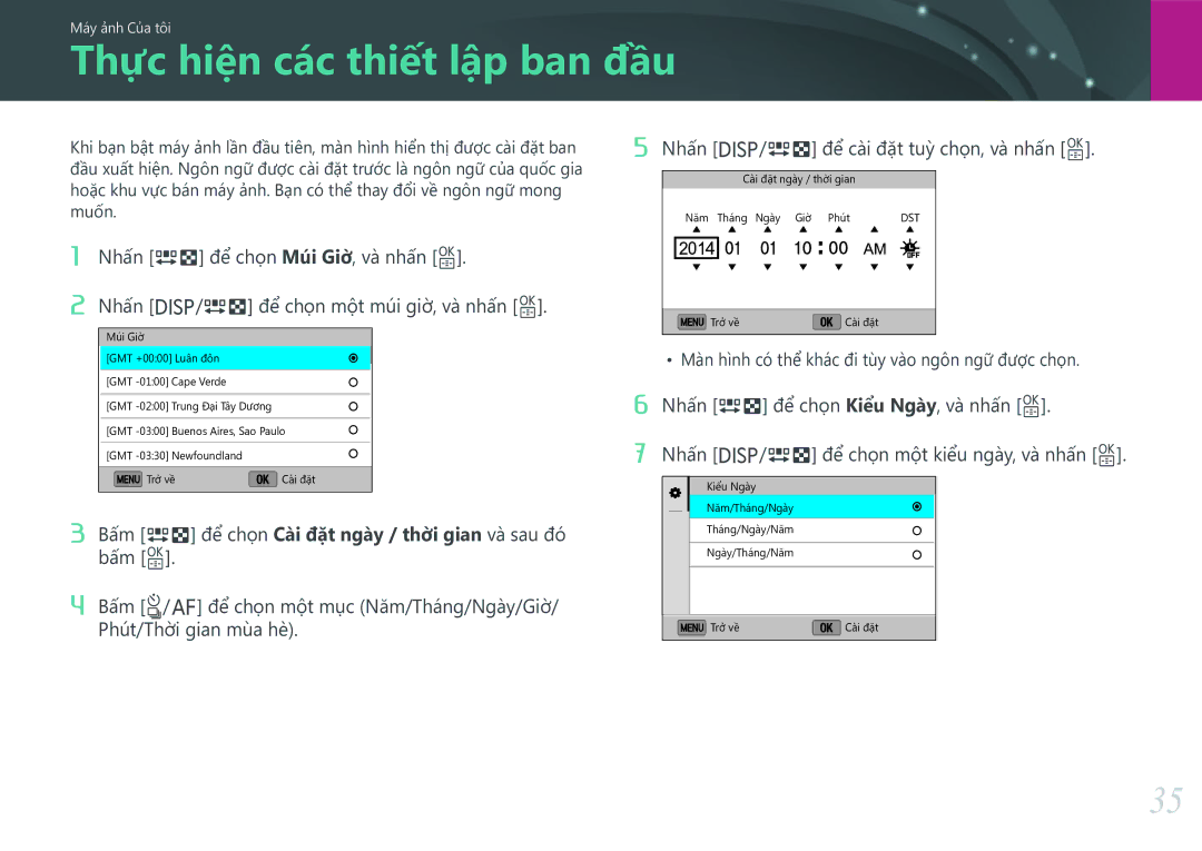 Samsung EV-NX3000BOHVN manual Thực hiện các thiết lập ban đầu, Nhấn D/I để cài đặt tuỳ chọ̣n, và nhấn o 