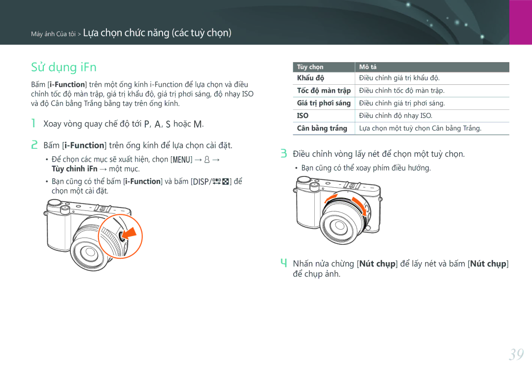 Samsung EV-NX3000BOHVN manual Sử dụng iFn, Điều chỉnh vòng lấy nét để chọ̣n một tuỳ chọ̣n, Điêu chinh độnhay ISO 