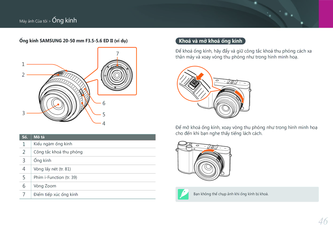 Samsung EV-NX3000BOHVN manual Khoá và mở khoá ống kính, Ống kính Samsung 20-50 mm F3.5-5.6 ED II ví dụ 
