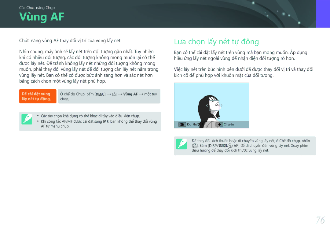 Samsung EV-NX3000BOHVN manual Vùng AF, Lựa chọ̣n lấy nét tự động 