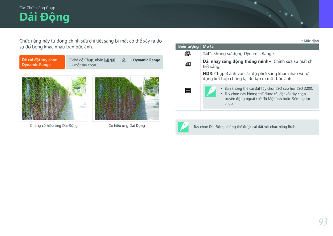 Samsung EV-NX3000BOHVN manual Dải Động, Dải nhạy sáng động thông minh+ Chỉnh sửa sự mất chi 