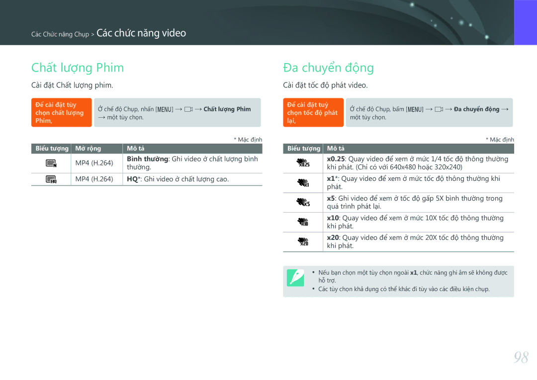 Samsung EV-NX3000BOHVN manual Chât lương Phim, Đa chuyển động, Cài đặt Chât lương phim, Cài đặt tốc độ phát video 