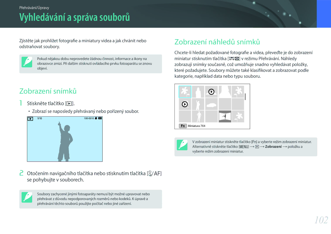 Samsung EV-NX3000BOIHU, EV-NX3000BOIAT manual 102, Zobrazení snímků, Zobrazení náhledů snímků, Stiskněte tlačítko y 