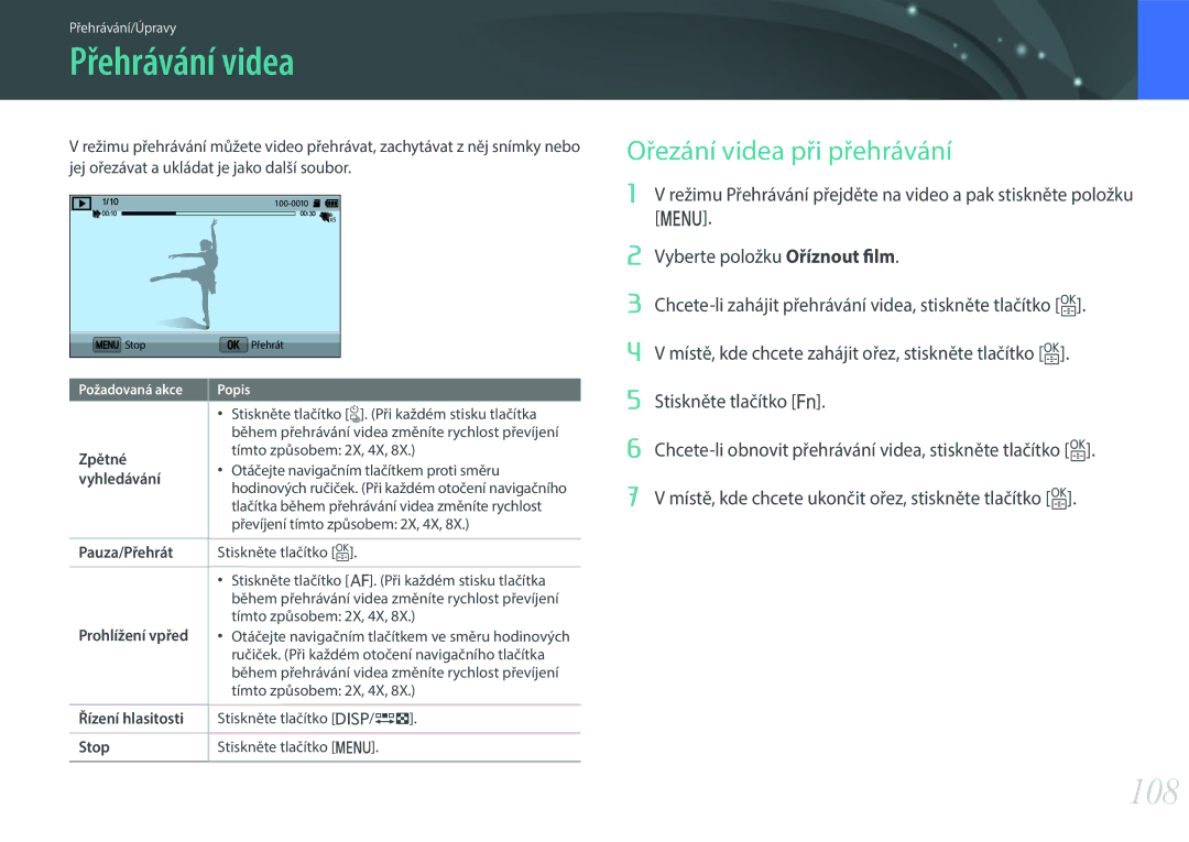 Samsung EV-NX3000BOICZ, EV-NX3000BOIAT, EV-NX3000BOJCZ, EV-NX3000BOICH Přehrávání videa, 108, Ořezání videa při přehrávání 