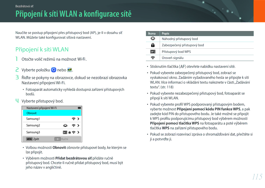 Samsung EV-NX3000BOJHU, EV-NX3000BOIAT, EV-NX3000BOJCZ, EV-NX3000BOICH 115, Připojení k síti Wlan, Vyberte přístupový bod 