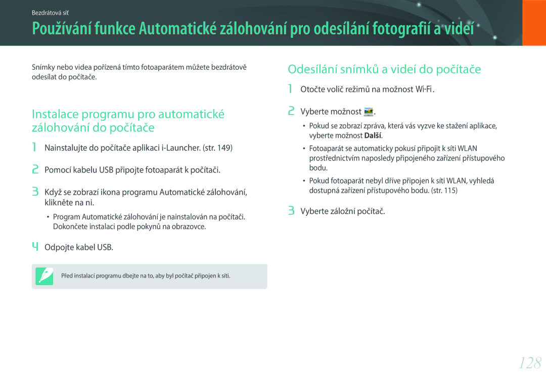 Samsung EV-NX3000BOHCZ manual 128, Odesílání snímků a videí do počítače, Otočte volič režimů na možnost B Vyberte možnost 