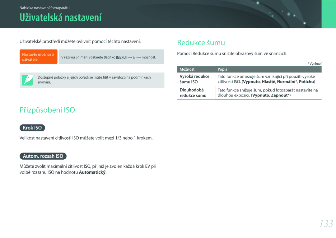 Samsung EV-NX3000BMICZ, EV-NX3000BOIAT, EV-NX3000BOJCZ manual Uživatelská nastavení, 133, Přizpůsobení ISO, Redukce šumu 
