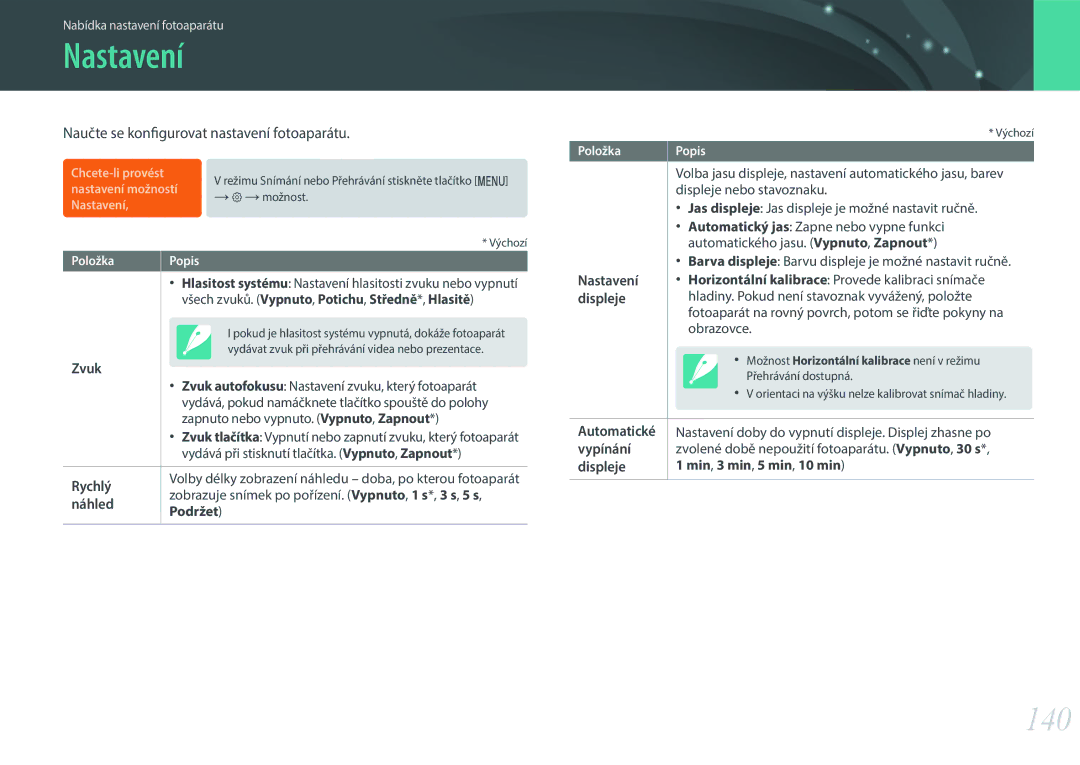 Samsung EV-NX3000BOJCZ, EV-NX3000BOIAT, EV-NX3000BOICH manual Nastavení, 140, Naučte se konfigurovat nastavení fotoaparátu 