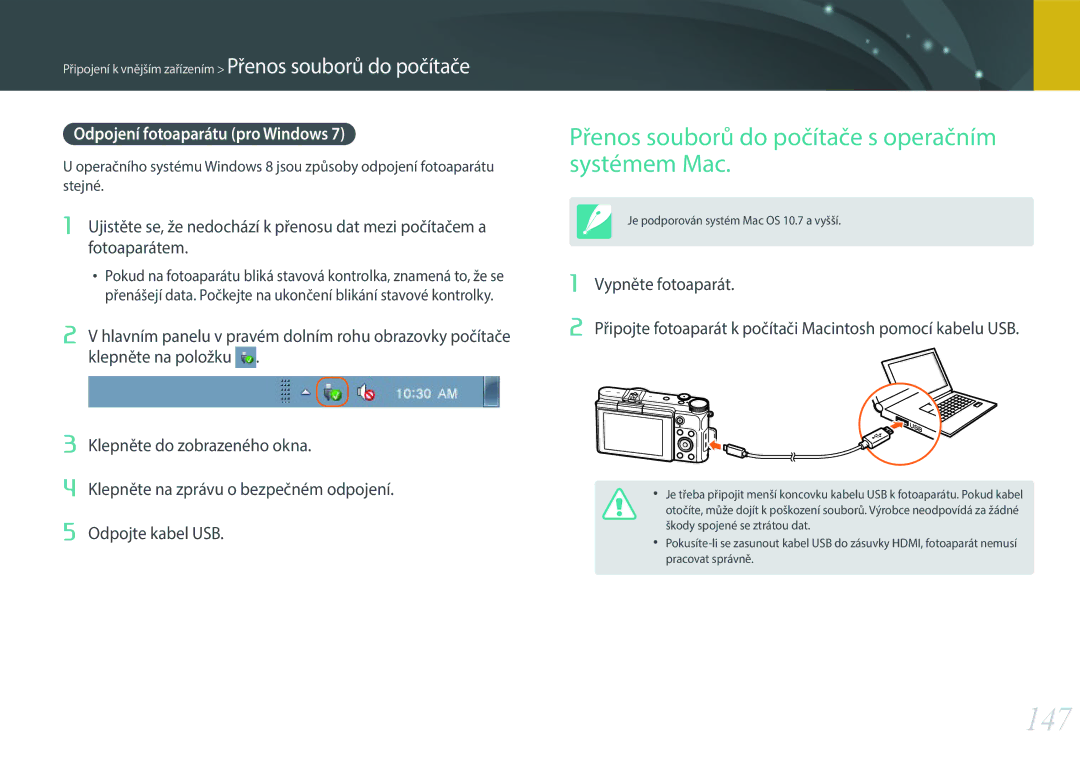 Samsung EV-NX3000BMICZ manual 147, Přenos souborů do počítače s operačním systémem Mac, Odpojení fotoaparátu pro Windows 