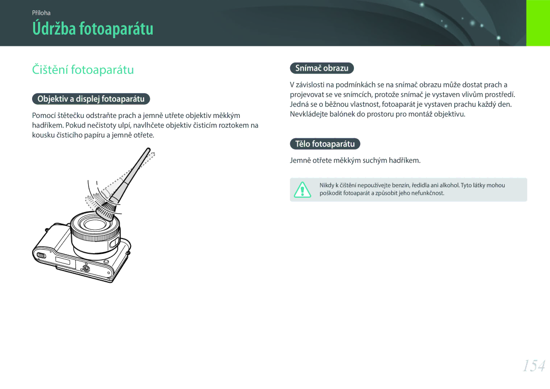 Samsung EV-NX3000BOJCZ, EV-NX3000BOIAT, EV-NX3000BOICH, EV-NX3000BOHCZ manual Údržba fotoaparátu, 154, Čištění fotoaparátu 