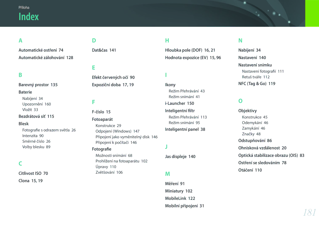 Samsung EV-NX3000BOIAT, EV-NX3000BOJCZ, EV-NX3000BOICH, EV-NX3000BOHCZ manual Index, 181, Launcher 150 Inteligentní filtr 