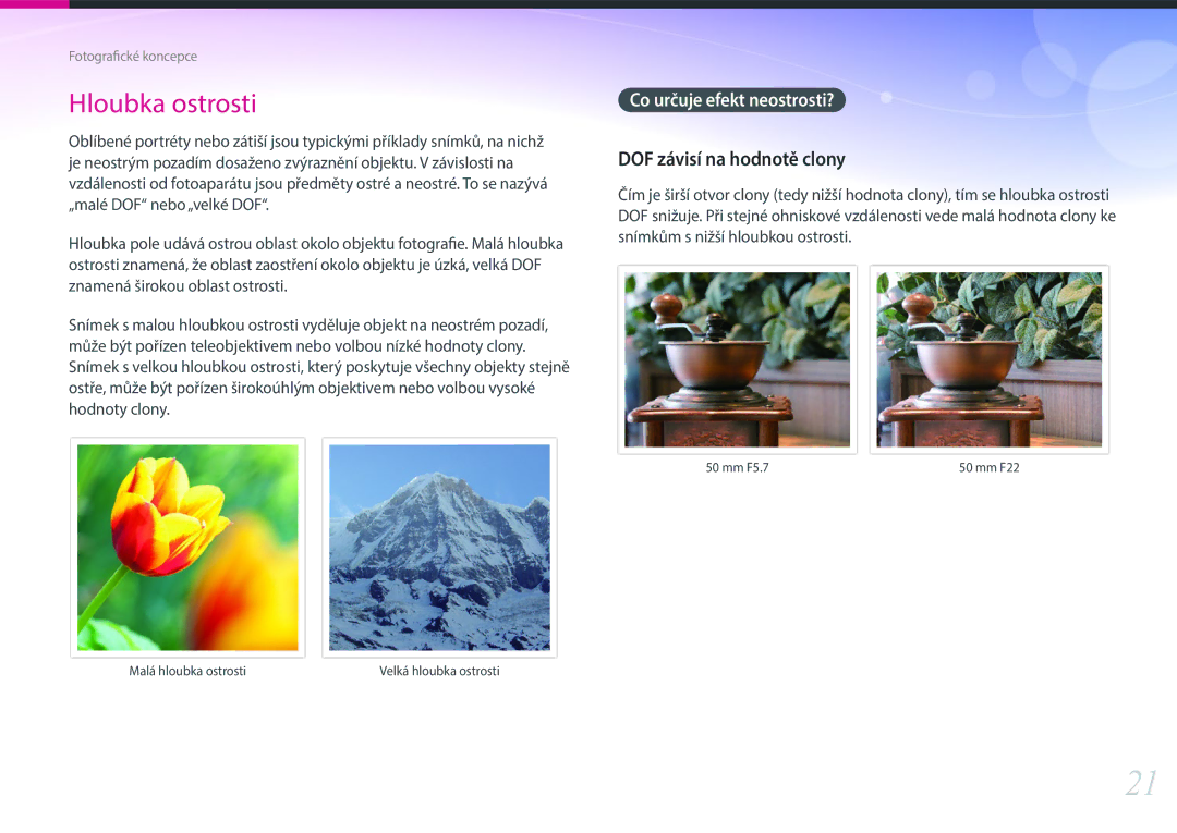 Samsung EV-NX3000BMICZ, EV-NX3000BOIAT, EV-NX3000BOJCZ manual DOF závisí na hodnotě clony, Co určuje efekt neostrosti? 
