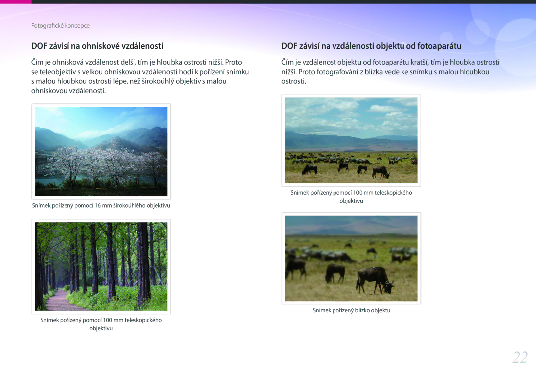 Samsung EV-NX3300BPBHU manual DOF závisí na ohniskové vzdálenosti, DOF závisí na vzdálenosti objektu od fotoaparátu 