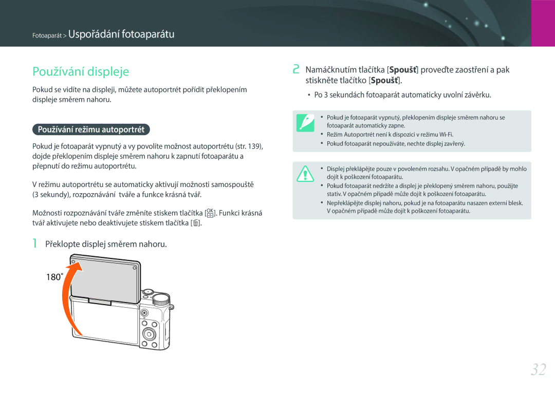 Samsung EV-NX3000BOIHU, EV-NX3000BOIAT Používání displeje, Používání režimu autoportrét, Překlopte displej směrem nahoru 