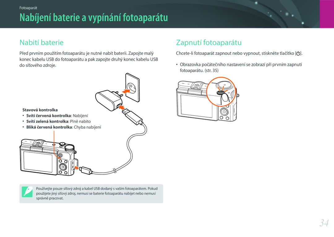 Samsung EV-NX3000BOIGR, EV-NX3000BOIAT, EV-NX3000BOJCZ manual Nabíjení baterie a vypínání fotoaparátu, Nabití baterie 