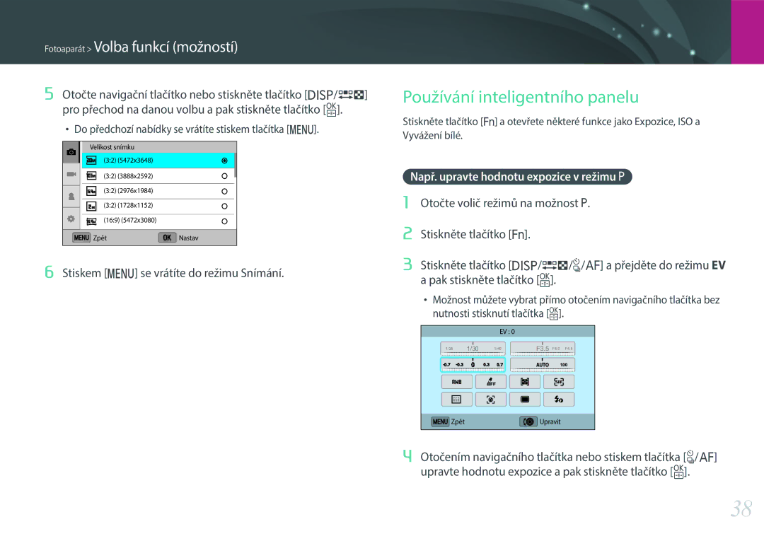 Samsung EV-NX3000BOICZ, EV-NX3000BOIAT, EV-NX3000BOJCZ manual Otočte volič režimů na možnost P, Stiskněte tlačítko f 