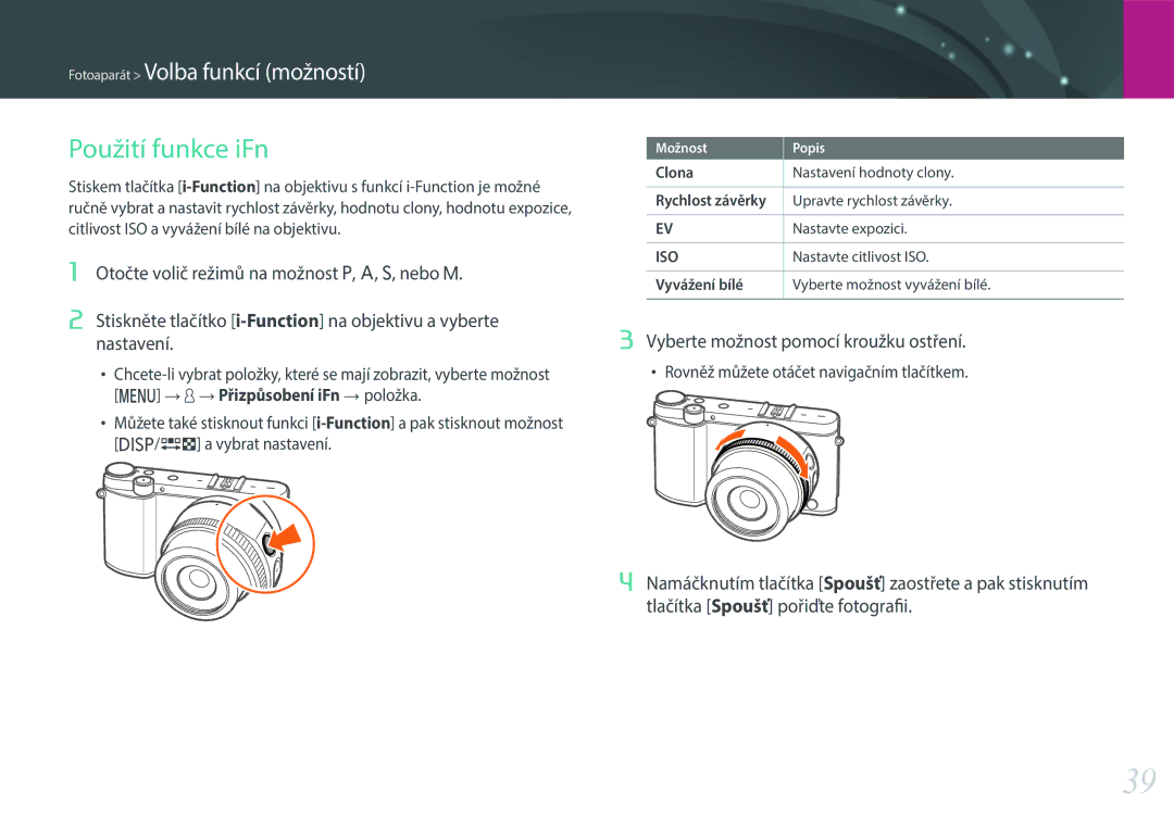 Samsung EV-NX3000BMHCH, EV-NX3000BOIAT, EV-NX3000BOJCZ Použití funkce iFn, Otočte volič režimů na možnost P, A, S, nebo M 