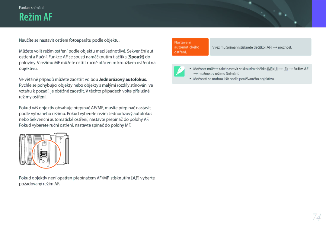 Samsung EV-NX3000BOIHU, EV-NX3000BOIAT, EV-NX3000BOJCZ, EV-NX3000BOICH, EV-NX3000BOHCZ manual Režim AF, Automatického Ostření 