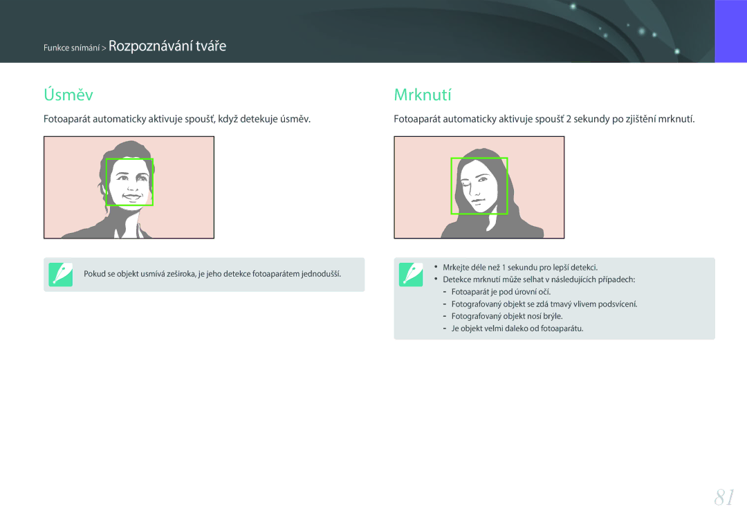 Samsung EV-NX3000BMHCH, EV-NX3000BOIAT manual Úsměv Mrknutí, Fotoaparát automaticky aktivuje spoušť, když detekuje úsměv 
