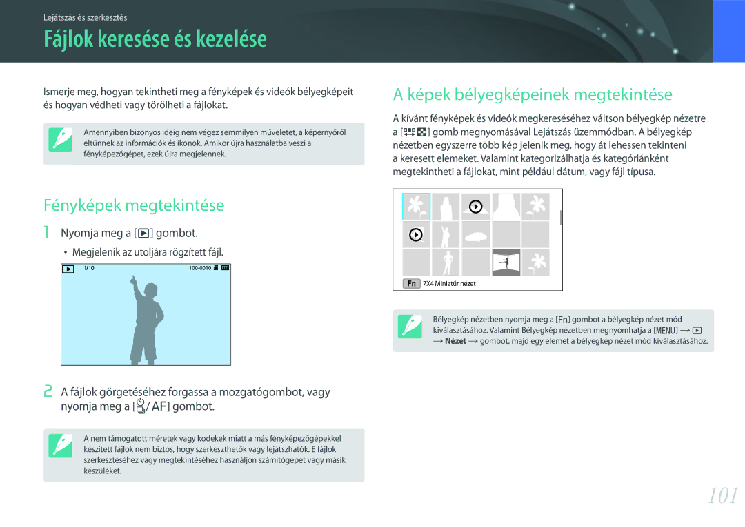 Samsung EV-NX3000BOHCZ manual Fájlok keresése és kezelése, 101, Fényképek megtekintése, Képek bélyegképeinek megtekintése 