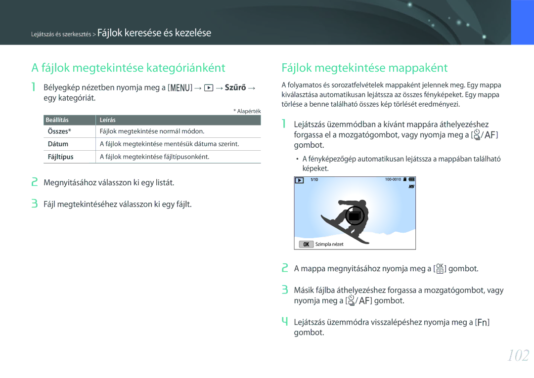 Samsung EV-NX3000BOJHU, EV-NX3000BOIAT manual 102, Fájlok megtekintése kategóriánként, Fájlok megtekintése mappaként 