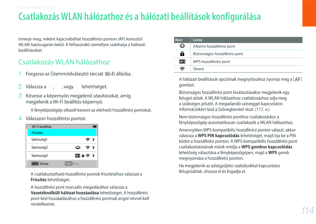 Samsung EV-NX3000BOIHU, EV-NX3000BOIAT, EV-NX3000BOJCZ manual 114, Csatlakozás Wlan hálózathoz, Válasszon hozzáférési pontot 