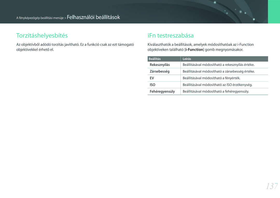 Samsung EV-NX3000BOIGR manual 137, Torzításhelyesbítés, IFn testreszabása, Beállításával módosítható az ISO érzékenység 