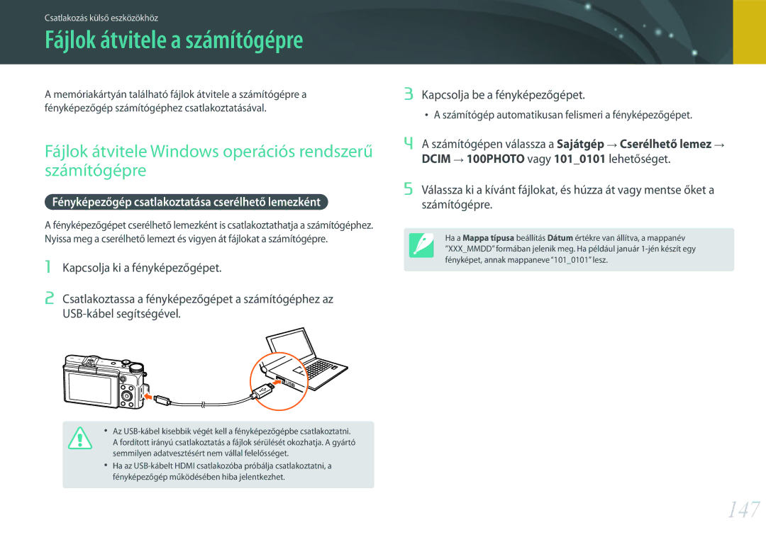 Samsung EV-NX3000BOIHU, EV-NX3000BOIAT, EV-NX3000BOJCZ manual 147, Fájlok átvitele Windows operációs rendszerű számítógépre 