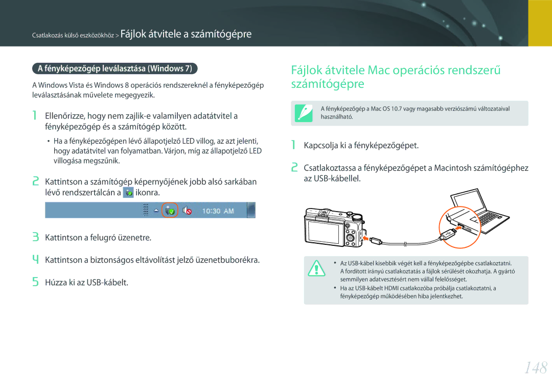 Samsung EV-NX3000BOIGR manual 148, Fájlok átvitele Mac operációs rendszerű számítógépre, Fényképezőgép leválasztása Windows 