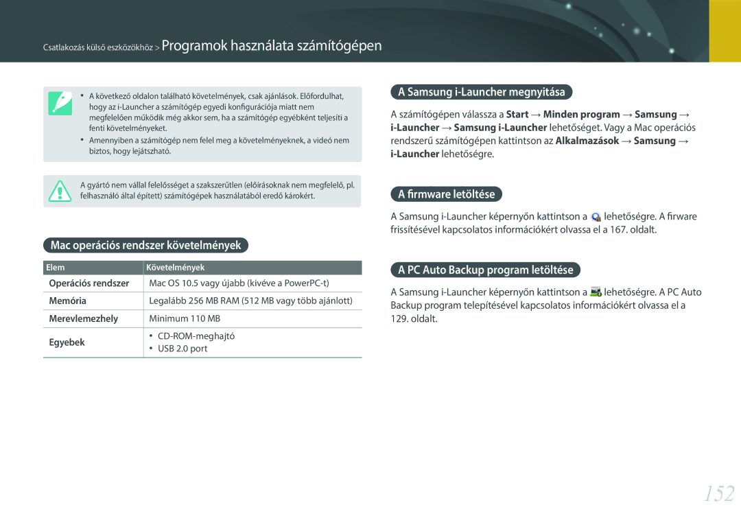 Samsung EV-NX3000BOHHU manual 152, Mac operációs rendszer követelmények, Samsung i-Launcher megnyitása, Firmware letöltése 