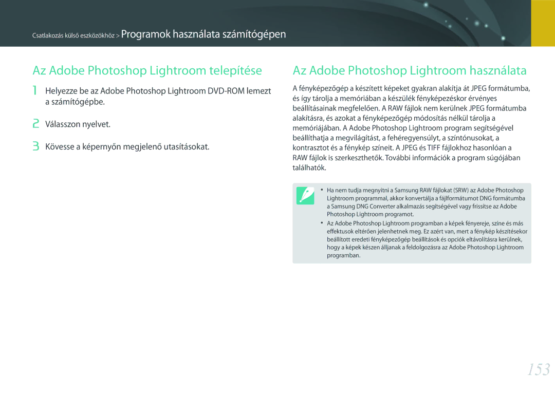 Samsung EV-NX3000BOIAT manual 153, Az Adobe Photoshop Lightroom telepítése, Az Adobe Photoshop Lightroom használata 