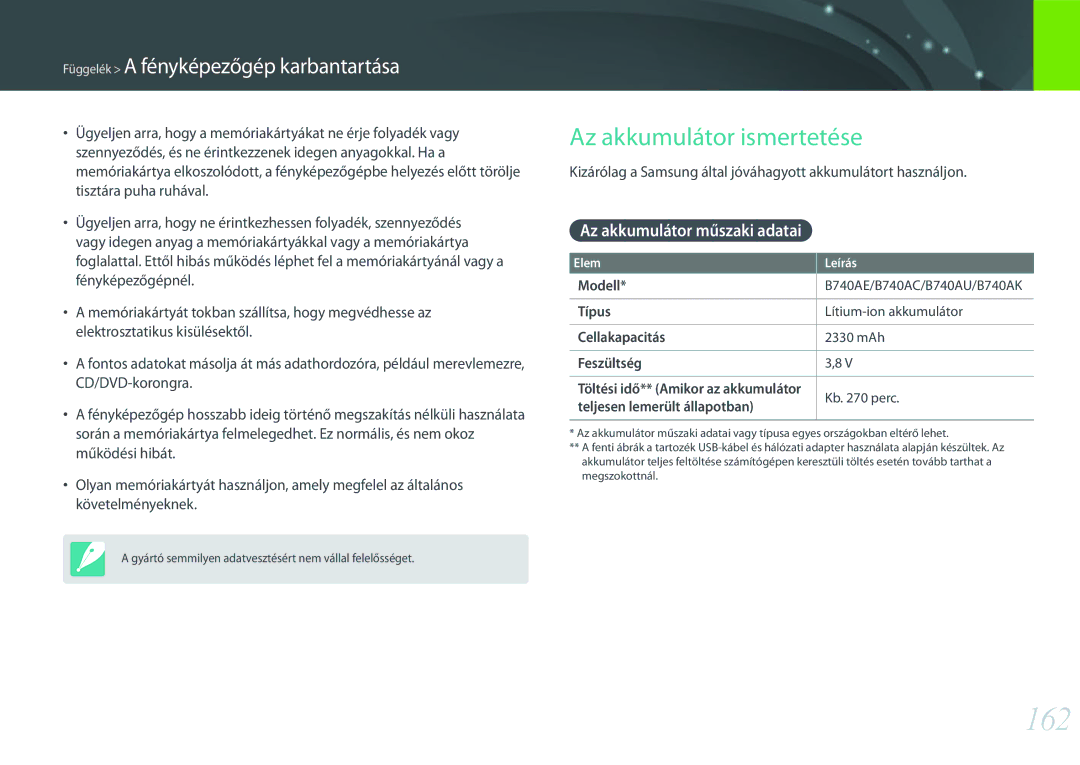 Samsung EV-NX3000BMHCH, EV-NX3000BOIAT, EV-NX3000BOJCZ manual 162, Az akkumulátor ismertetése, Az akkumulátor műszaki adatai 