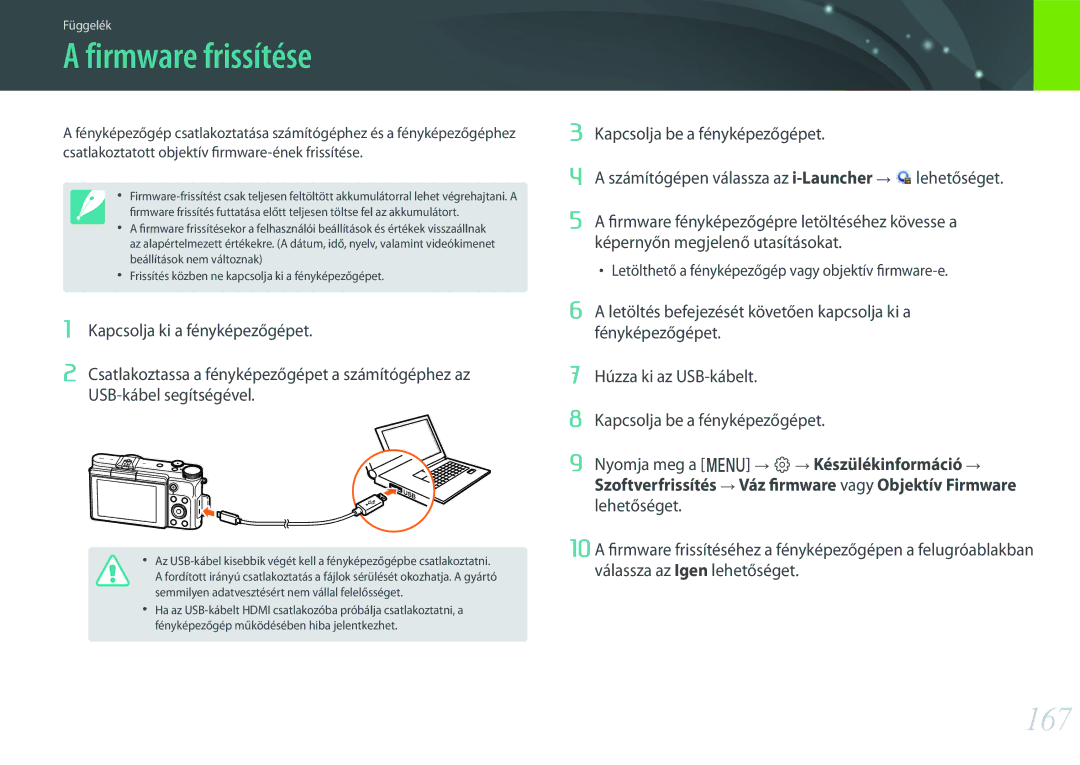 Samsung EV-NX3000BOHCZ, EV-NX3000BOIAT, EV-NX3000BOJCZ, EV-NX3000BOICH, EV-NX3000BOJHU manual Firmware frissítése, 167 