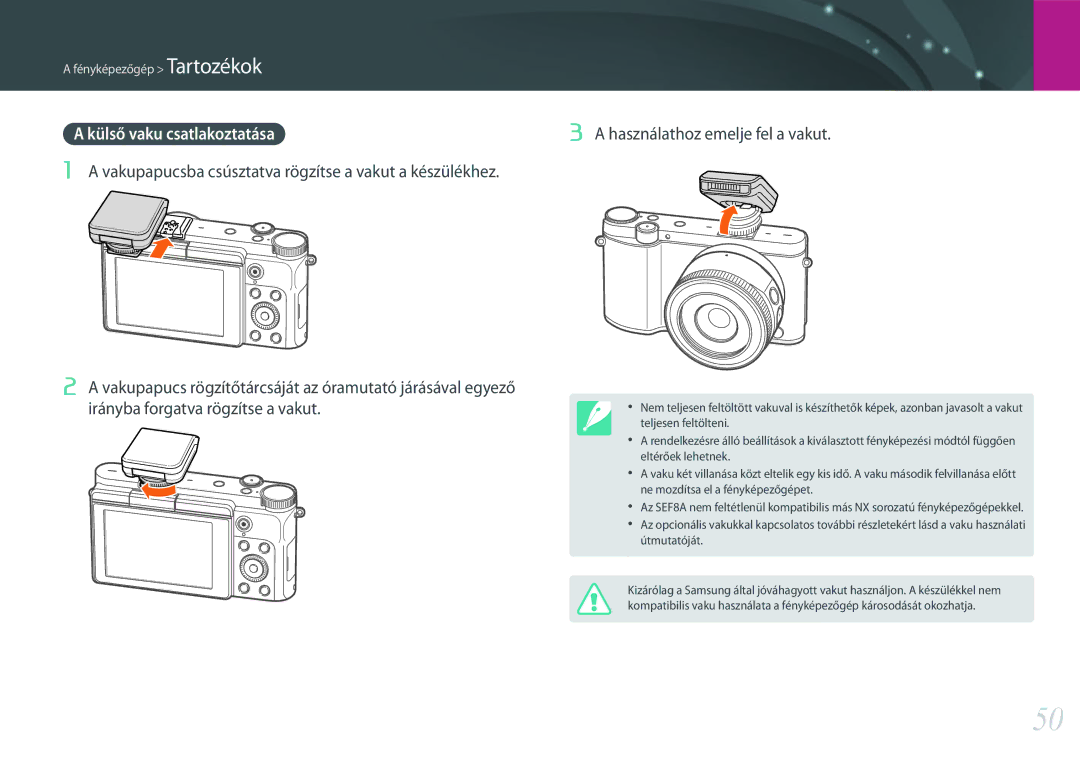 Samsung EV-NX3000BMICZ, EV-NX3000BOIAT, EV-NX3000BOJCZ, EV-NX3000BOICH, EV-NX3000BOHCZ manual Használathoz emelje fel a vakut 