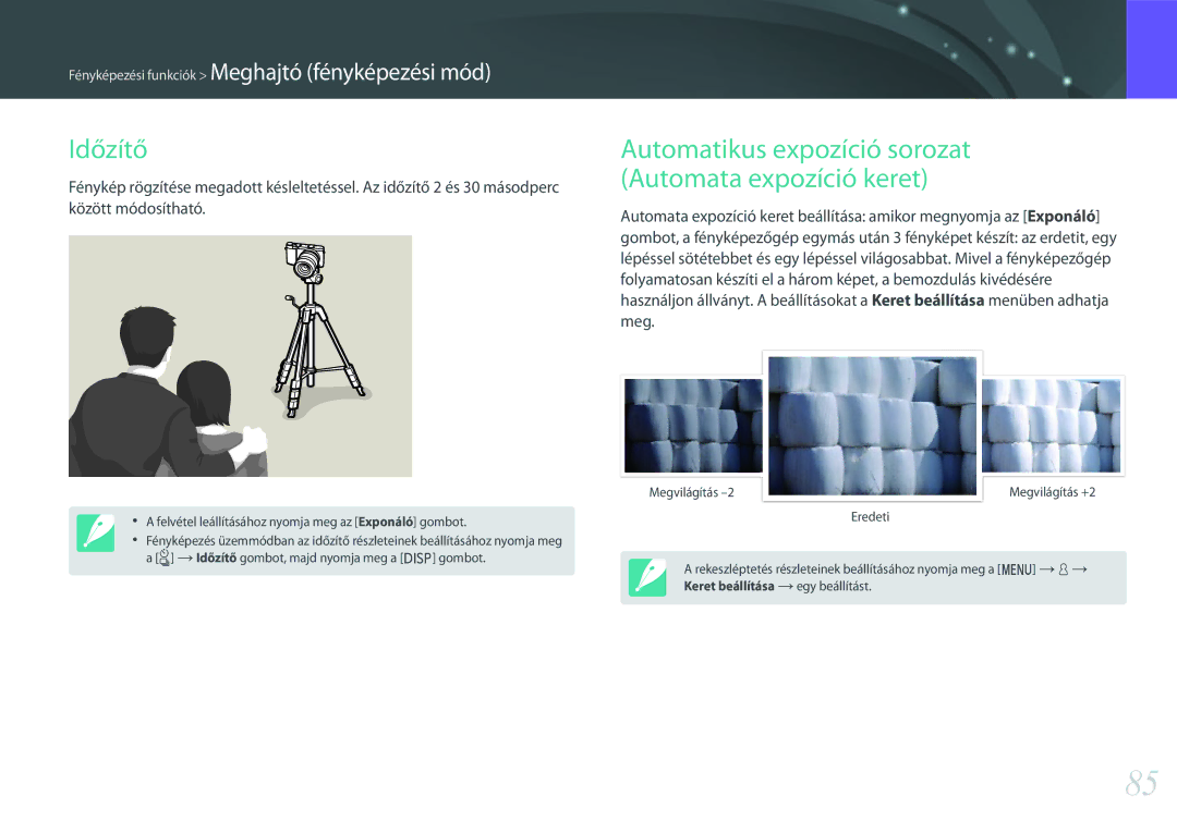 Samsung EV-NX3000BMHCH, EV-NX3000BOIAT, EV-NX3000BOJCZ manual Időzítő, Automatikus expozíció sorozat Automata expozíció keret 