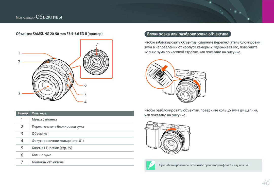 Samsung EV-NX3000BEJRU manual Блокировка или разблокировка объектива, Объектив Samsung 20-50 mm F3.5-5.6 ED II пример 