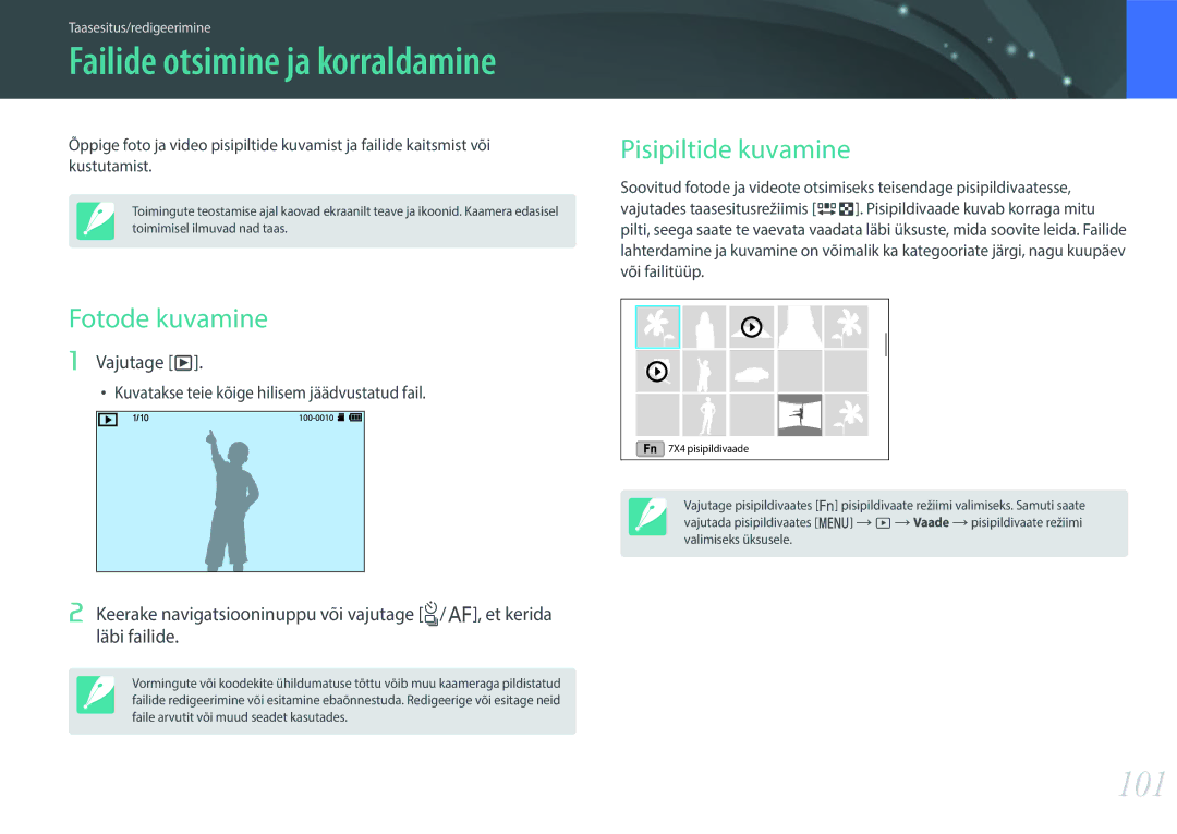 Samsung EV-NX3000BOIDE, EV-NX3000BOHLV, EV-NX3000BOILV manual 101, Fotode kuvamine, Pisipiltide kuvamine, Vajutage y 