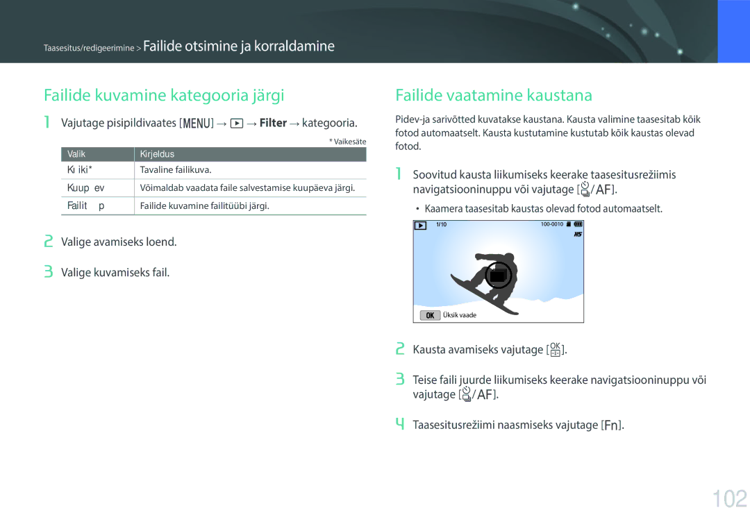 Samsung EV-NX3000BOHLV, EV-NX3000BOIDE, EV-NX3000BOILV 102, Failide kuvamine kategooria järgi, Failide vaatamine kaustana 