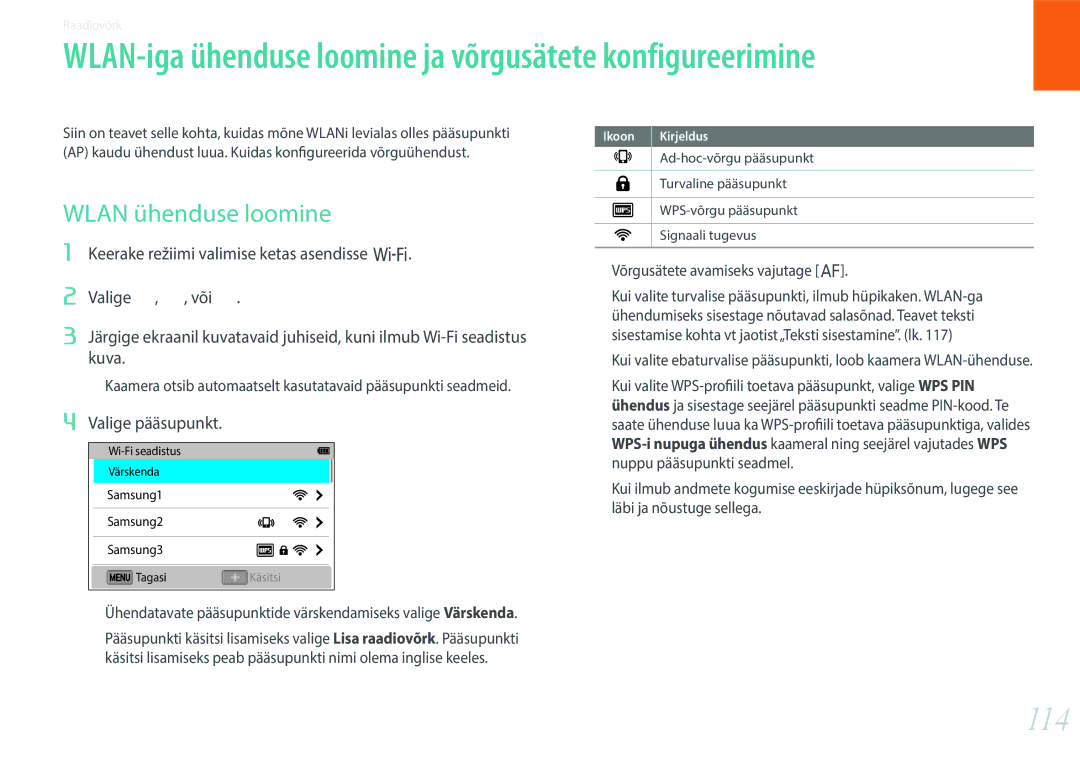 Samsung EV-NX3000BOHLV, EV-NX3000BOIDE, EV-NX3000BOILV manual 114, Wlan ühenduse loomine, Valige pääsupunkt 