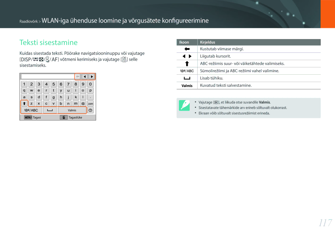 Samsung EV-NX3000BOHLV, EV-NX3000BOIDE, EV-NX3000BOILV manual 117, Teksti sisestamine 